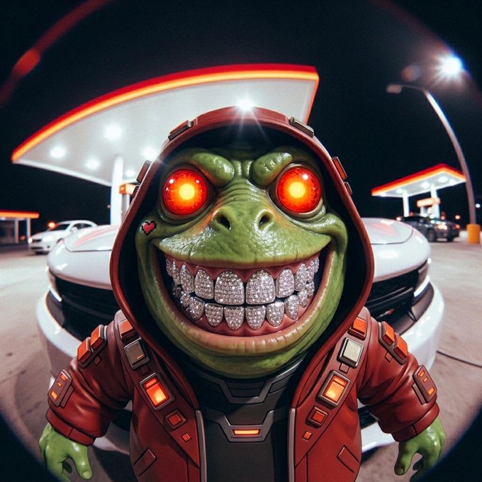 A 3D rendered image of a green frog-like character with glowing red eyes and diamond-encrusted teeth wearing a red hooded jacket, standing in front of a sports car at a gas station.