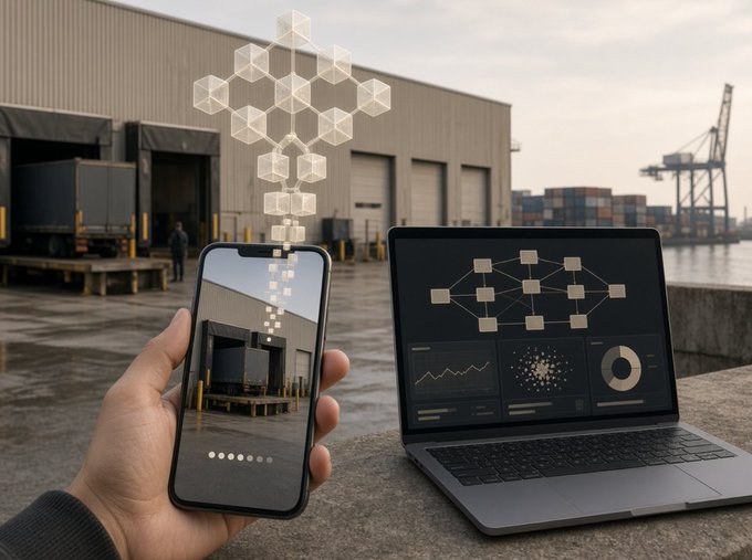 A smartphone captures a shipping container at a port facility while a laptop displays data visualization dashboards with connected node graphs, illustrating a blockchain-based verification system for spatial data. The setup visually represents how geolocation evidence can be authenticated and traced back to its original capture point.