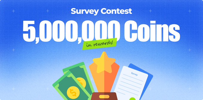 Bright blue promotional banner advertising a "Survey Contest" offering "5,000,000 Coins in rewards!" with illustrations of money, a star trophy, and a survey document.
