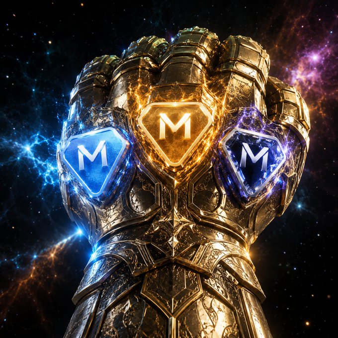 A metallic gauntlet with three glowing gems (blue and orange) bearing the letter 'M', set against a cosmic space background.