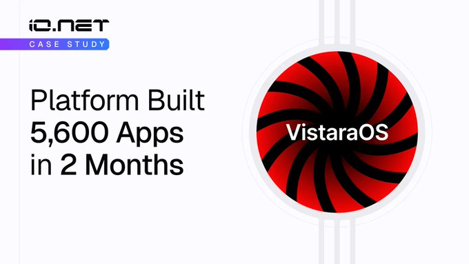 A case study slide titled 'Platform Built 5,600 Apps in 2 Months' from io.net, featuring a circular graphic with a red and black spiral pattern labeled 'VistaraOS'.