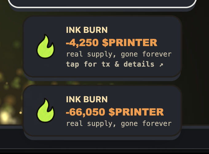 The image displays two "INK BURN" notifications for the $PRINTER token, showing burns of -4,250 and -66,050 tokens with the message "real supply, gone forever," aligning with the post celebrating a token burn event on rhmachines.com.