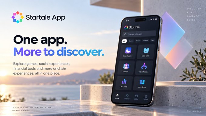 An advertisement for the 'Startale App' with the tagline 'One app. More to discover.', showing a phone displaying app icons like Move Packet, Cool Cats, Friends, One Mascot, DeFi Tools, and More Apps.