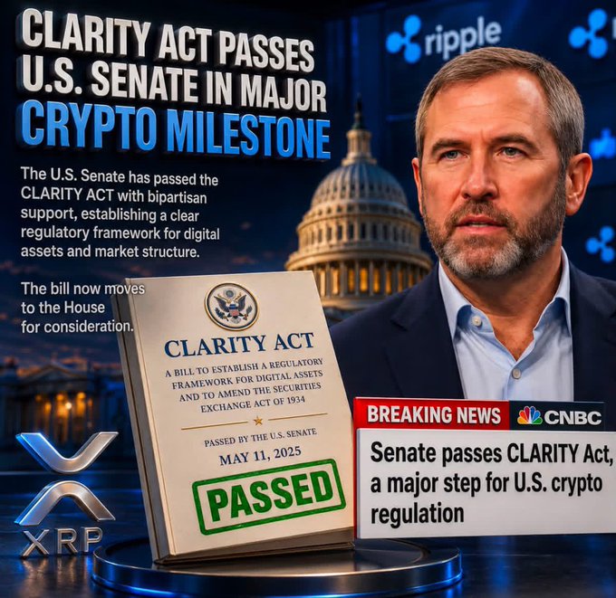A CNBC breaking news graphic announcing 'CLARITY ACT PASSES U.S. SENATE IN MAJOR CRYPTO MILESTONE' dated May 11, 2025, featuring a male news anchor, the U.S. Capitol building, and Ripple/XRP logos alongside a stamped 'PASSED' document.