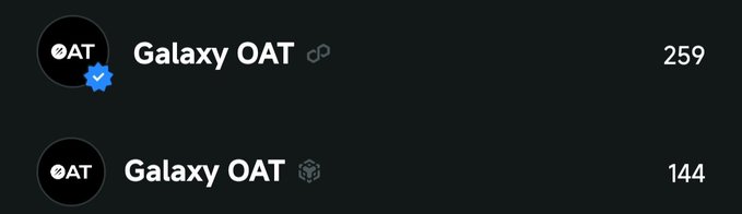 A dark interface displays two entries labeled 'Galaxy OAT' with verified checkmarks, showing counts of 259 and 144.