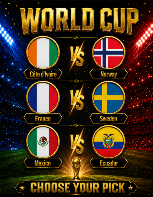 A 'WORLD CUP' promotional graphic displays matchups: Côte d'Ivoire vs Norway, France vs Sweden, and Mexico vs Ecuador, with 'CHOOSE YOUR PICK' at the bottom.