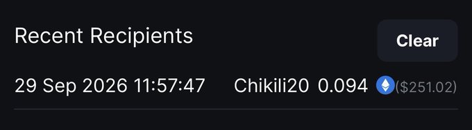 A "Recent Recipients" transaction history displays a payment of 0.094 ETH (~$251.02) sent to "Chikili20" on 29 Sep 2026 at 11:57:47, supporting the post's claim of winning $250.