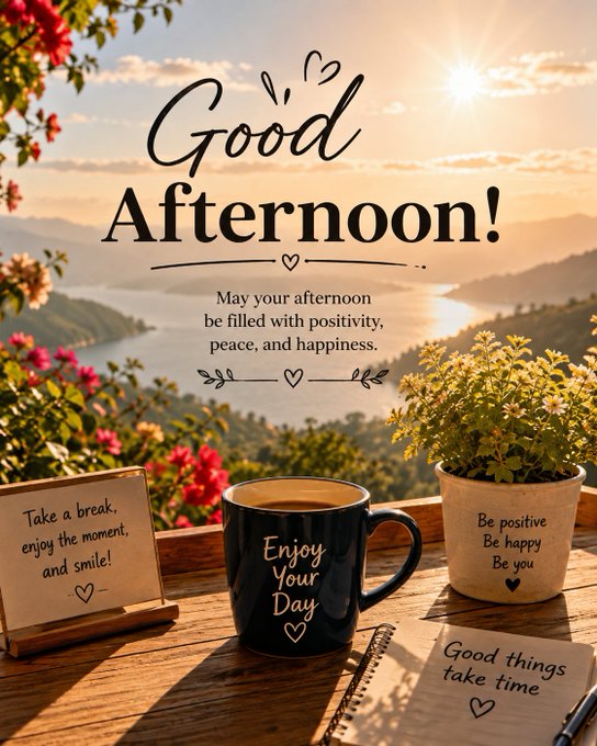 A 'Good Afternoon!' greeting card featuring a sunset landscape, a coffee mug reading 'Enjoy Your Day,' and motivational notes about positivity and taking breaks.