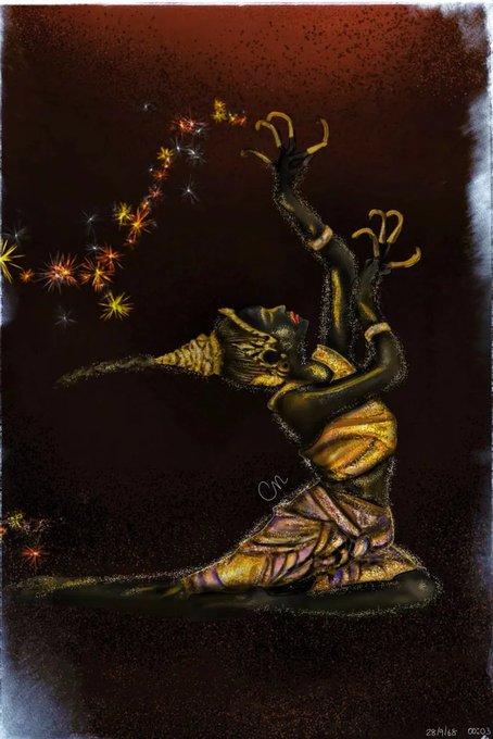 A dark, textured illustration of a creature in a robe with antlers raising its hands toward glowing star-like particles, with text 'On.' and a date '28.AUG.05' at the bottom.