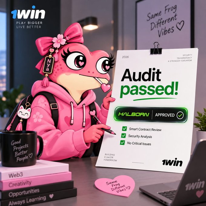 A pink mascot character wearing a "NYB" tag proudly points to an "Audit passed!" certificate from Halborn (approved), highlighting 1win's successful smart contract review, security analysis, and zero critical issues—visually reinforcing the post's announcement of the project's first officially passed security audit by Halborn.
