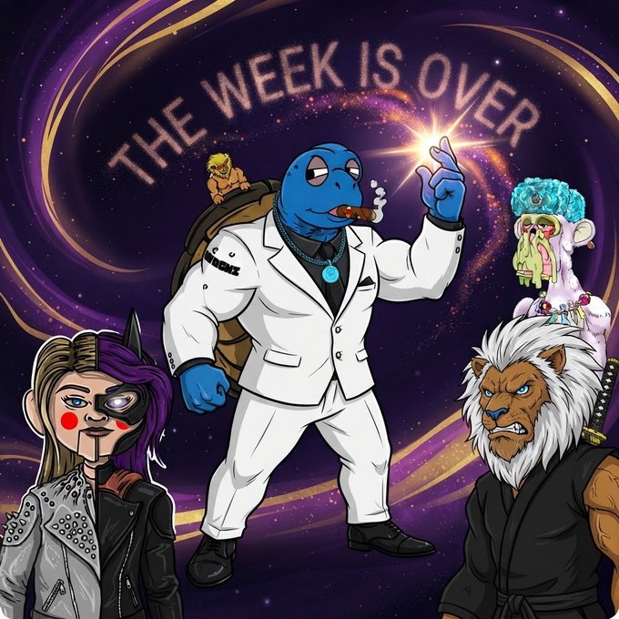 An illustration features various stylized characters against a swirling galaxy background with the text 'THE WEEK IS OVER' arched at the top.