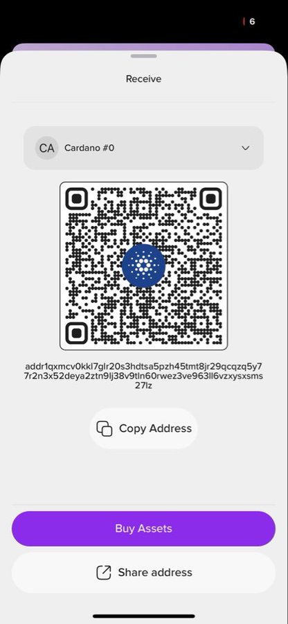 A mobile app screen displays a 'Receive' page with a Cardano wallet address (#0), showing a QR code with the Cardano logo, the alphanumeric address 'addr1qxmcv0kki7glr20s3hdtsa5pzh45imt8jr29qczq5y77r2n3x52deya2ztn9lj38v9tin60rwez3ve963ll6vzxysxsms27lz', and buttons for 'Copy Address', 'Buy Assets', and 'Share address'.