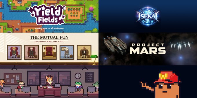 A collage of six video game or digital project thumbnails featuring titles 'Yield Fields', 'ISEKAI', 'THE MUTUAL FUN', 'PROJECT MARS', an office pixel-art scene, and a pixelated character with a red cap.
