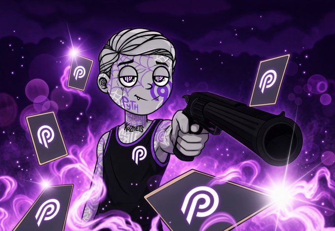 An illustration featuring a character with white hair, purple facial tattoos, and a tank top displaying a 'P' logo, holding a large gun surrounded by floating cards with the 'P' symbol against a purple, mystical background.
