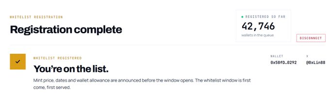 The image shows a whitelist registration confirmation page stating "Registration complete" with 42,746 wallets already registered in the queue, displaying wallet addresses 0x58f0.0292 and @0xLin88. This aligns with the post about the Arc mainnet AKA NFT whitelist, which currently has over 40K applicants waiting for the mint window to open.