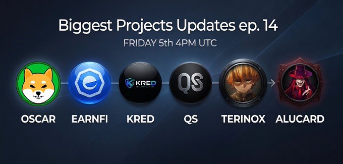 The image features a poster for a project update event, which includes five logos representing different cryptocurrency projects. The poster also contains text that reads "Biggest Projects Updates" and "Friday 5th 4PM UTC", indicating the date and time of the event. The main focus is on the "@oscar_shibainu" logo, suggesting that they are joining the project update in their community.