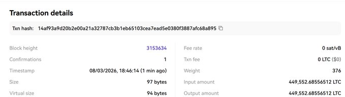 This transaction details image shows a 97-byte transaction with an input and output amount of 449,552.68556512 LTC, confirming the massive Litecoin movement into the MWEB layer mentioned in the post.