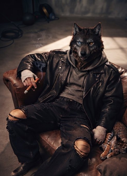A stylized anthropomorphic wolf character with one blue and one amber eye, wearing a black leather jacket and ripped black jeans, sitting on a leather couch while smoking a cigar, accompanied by a tabby cat.