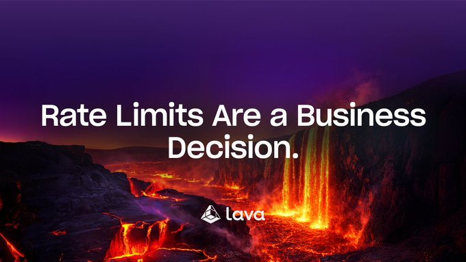 The image displays the text "Rate Limits Are a Business Decision." alongside the "lava" logo, set against a dramatic backdrop of glowing lava flowing over dark volcanic rock.

The caption reinforces Lava Network's messaging by using the literal imagery of lava and rock to symbolize how centralized RPC providers impose rate limits that can break user experiences—positioning Lava's distributed routing solution as the resilient alternative.
