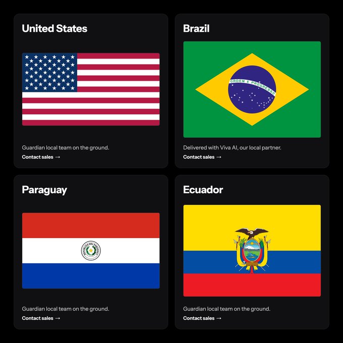 A grid displaying the flags of the United States, Brazil, Paraguay, and Ecuador, noting 'Guardian local team on the ground' and partnerships.