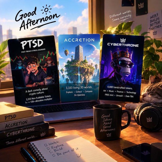 A promotional graphic titled "Good Afternoon" featuring three digital projects: PTSD (a dark comedy about crypto culture), Accretion (3,333 living 3D worlds), and Cyberthrone (8,888 handcrafted tokens), displayed alongside a desk scene with books, a cat, and a "Good Ideas Need Good Afternoons" mug.
