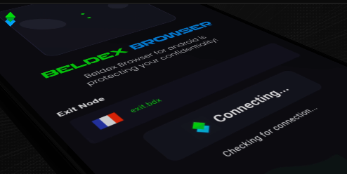 A promotional image for Beldex Browser, a decentralized privacy-focused cryptocurrency browser, showing an 'Exit Node' interface with France and Mexico flags, 'Connecting...' and 'Checking for connection...' status messages.