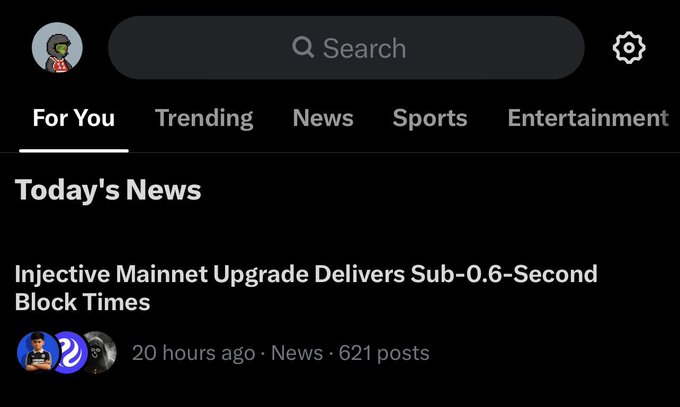 A mobile app screenshot showing a 'For You' news feed with the headline 'Injective Mainnet Upgrade Delivers Sub-0.6-Second Block Times', posted 20 hours ago with 621 posts.