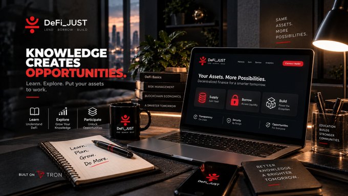 A promotional graphic for 'DeFi_JUST' showing a laptop on a desk displaying the platform's website with options to 'Supply,' 'Borrow,' and 'Build,' alongside text reading 'KNOWLEDGE CREATES OPPORTUNITIES,' with 'Built on TRON' at the bottom.