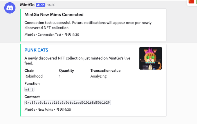 A Discord screenshot from the MintGo app bot showing a connection test successful notification and a new mint alert for 'PUNK CATS' NFT collection minted on Robinhood chain.