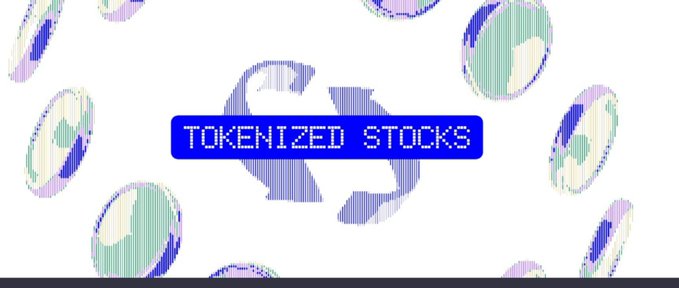 A pixelated graphic displaying the text "TOKENIZED STOCKS" on a blue banner, with floating coin icons and dollar signs in the background.
