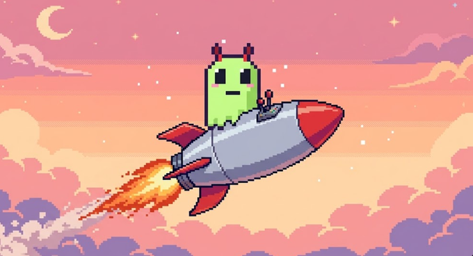 Pixel art of a small green alien character riding a rocket with flames trailing behind it, set against a pink sunset sky with clouds.