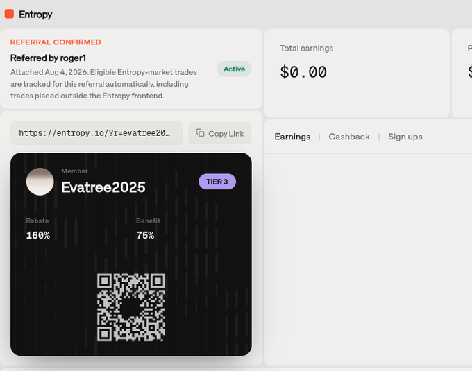 An Entropy referral dashboard showing 'REFERRAL CONFIRMED' for 'roger1', a referral link, and a digital card for member 'Evatree2025' displaying 'TIER 3', '160% Rebate', '75% Benefit', and a QR code.