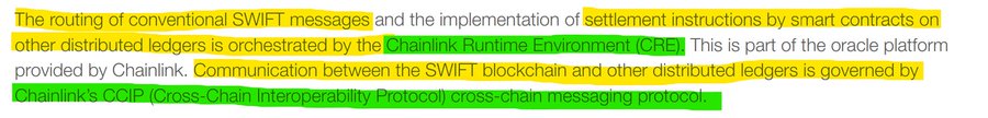 A highlighted text excerpt explaining how Chainlink's Runtime Environment (CRE) orchestrates SWIFT message routing and smart contract settlement on distributed ledgers, governed by Chainlink's CCIP cross-chain interoperability protocol. The annotation supports the post's announcement about Chainlink's integration with 11,500 banks through the SWIFT network, emphasizing the technical infrastructure enabling this connection.