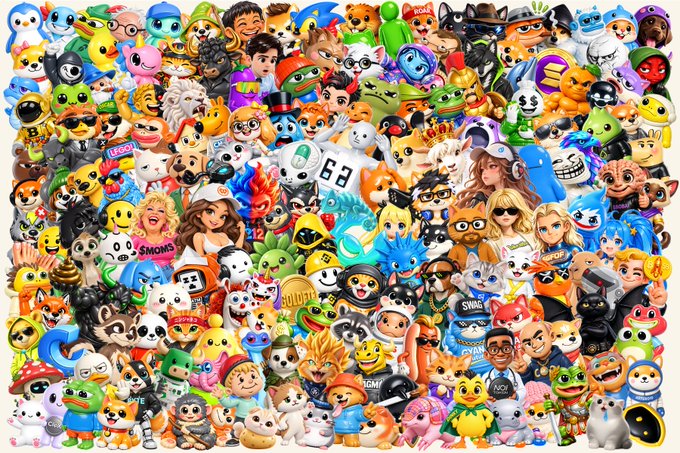 A vibrant collage packed with dozens of colorful cartoon characters, pets, and community mascots—including visible text like "LEGO," "SWAG," "SNOBS," "DDLG," and "BGMI"—reflecting the diverse, active communities the post asks to prove their strength.