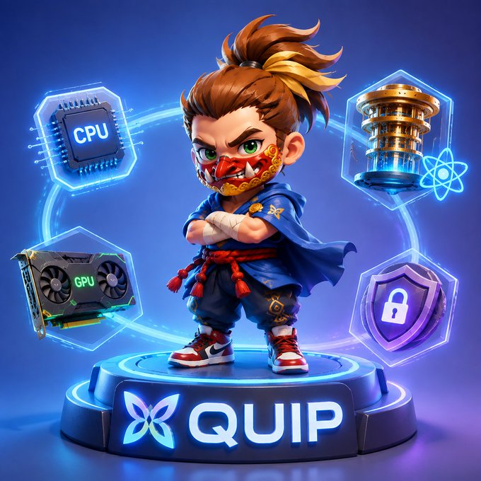 A 3D-rendered cartoon samurai character wearing a red face mask and blue outfit stands on a glowing pedestal labeled "QUIP," surrounded by floating tech icons including a CPU, GPU, atom symbol, quantum device, and security shield.