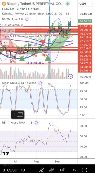 A TradingView chart of Bitcoin (BTCUSDT) on the daily timeframe, showing the price trading around $84,893 with multiple technical indicators including TD Sequential, Bollinger Bands, Stochastic RSI, and RSI overlaid on the candlestick action. The Turkish caption ("I said there's no problem. We will step by step reach our 100K cup-and-handle target. Volatility is in the nature of this game!") suggests the trader views the current pullback as a healthy consolidation within a bullish pattern targeting $100,000.