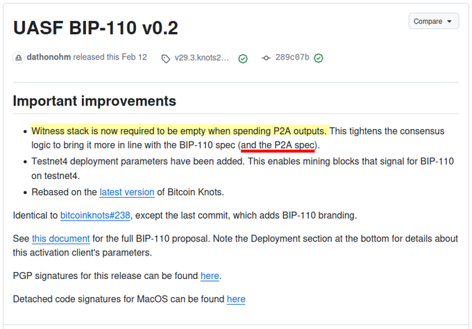 GitHub release page for UASF BIP-110 v0.2, highlighting improvements like witness stack requirements and Testnet4 deployment.