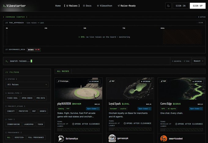 Screenshot of Vibestarter, a crypto launchpad platform, showing 'Command Center' with a live raises goal bar at 1.5%, governance deck buy at +64.9%, and fundraising projects including PlayMayhem, Loyal Spark, and Curve Edge.