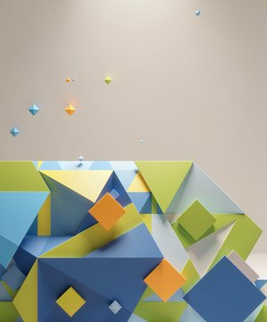 iced cubes of blue, green, yellow, and orange arranged in a complex pattern against a white background.