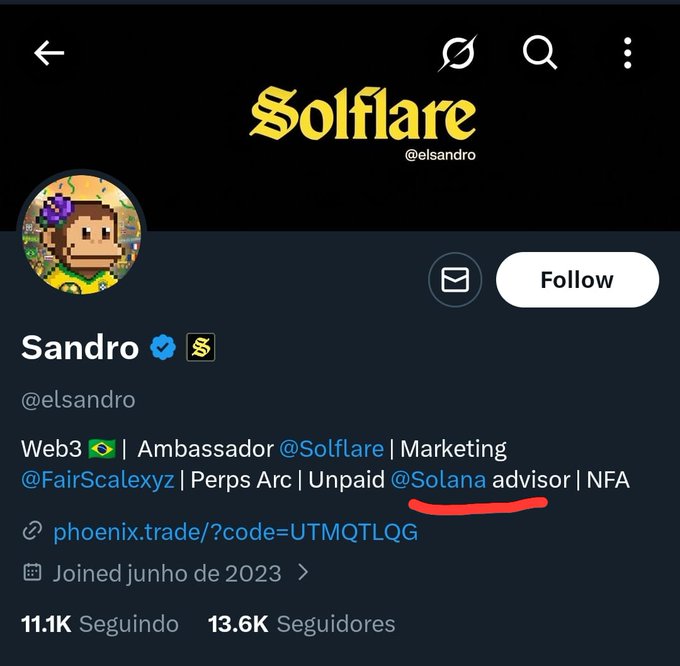 The image shows a Twitter profile of a person named Sandro, who is an influencer or a social media personality. The profile has a pink background with yellow text that reads "Solafare" and "Sandro". There are also some red text elements on the profile, including one that says "@solana" and another that says "@toly". Additionally, there's a small red circle containing Sandro's name in the bottom right corner of the image. The post is about two people having something in common or being connected, with the names Sandro and @solana appearing multiple times throughout the post.