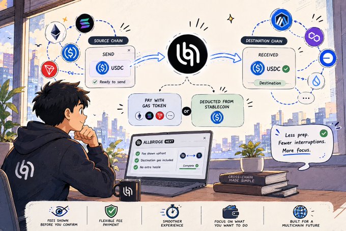 An illustrated infographic explaining the Allbridge cross-chain token transfer process, showing a 'SOURCE CHAIN' sending USDC and 'DESTINATION CHAIN' receiving USDC, with features like 'Less prep' and 'Fewer interruptions' highlighted.