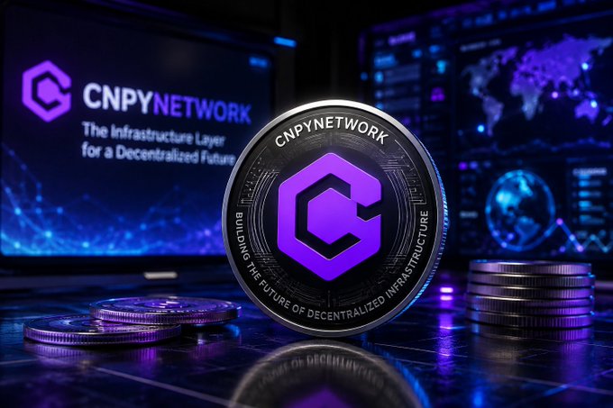 A promotional image for cryptocurrency 'CNPY NETWORK' features a large metallic coin with a purple 'C' logo in the foreground, set against a dark background with digital screens displaying the text 'The Infrastructure Layer for a Decentralized Future' and world maps.