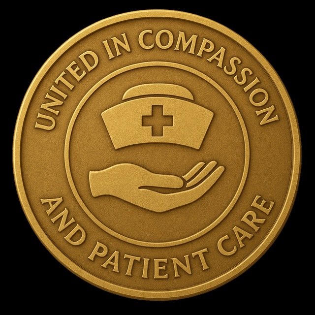 Gold medallion coin with a nurse's cap, a cross, and an open hand in the center, encircled by the text 'UNITED IN COMPASSION' at the top and 'AND PATIENT CARE' at the bottom.