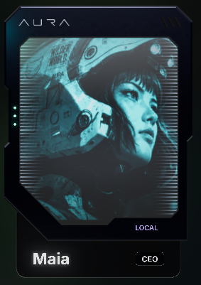 The image features an advertisement for an Aura product, which includes a woman wearing a helmet with a futuristic design. The text in the image reads "MAIA Local CEO" and "Every AURA agent now has a wallet on Z Chain." This suggests that the product is specifically designed for Aura agents to carry their identification cards or wallets while exploring the virtual world of the game.