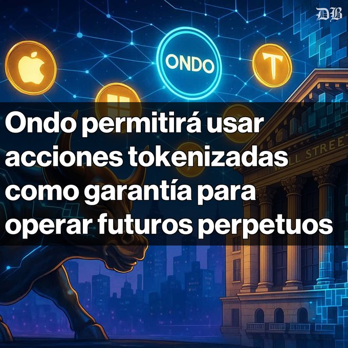 Spanish-language graphic with 'DB' logo stating 'Ondo permitirá usar acciones tokenizadas como garantía para operar futuros perpetuos' (Ondo will allow using tokenized stocks as collateral to trade perpetual futures), showing ONDO logo with Apple and Tether icons and Wall Street imagery.