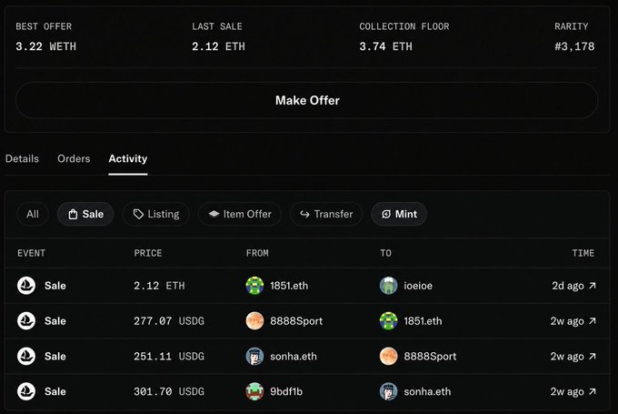 An NFT marketplace activity log showing a 2.12 ETH sale from 1851.eth to ioieioe, with a collection floor of 3.74 ETH and rarity #3,178.