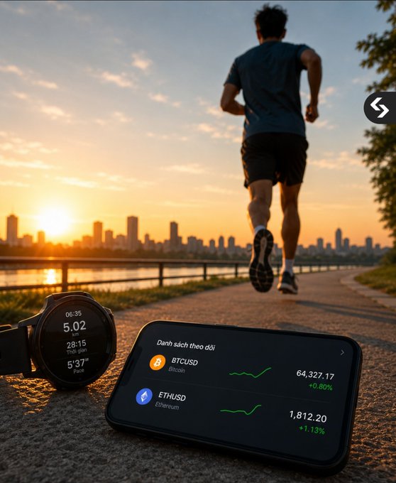 A runner jogs along a riverside path at sunset with a city skyline in the background; a smartwatch displays a 5.02 km run while a phone shows crypto prices including BTCUSD at 64,327.17 (+0.80%) and ETHUSD at 1,812.20 (+1.13%).