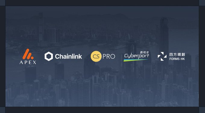 The image displays logos of APEX, Chainlink, CSPro, Cyberport, and Forms HK superimposed over a darkened Hong Kong skyline. It visually reinforces the post's announcement of Chainlink's collaboration with these Hong Kong-based firms to tokenize traditional securities under a regulatory framework managing over $3.5T in assets.