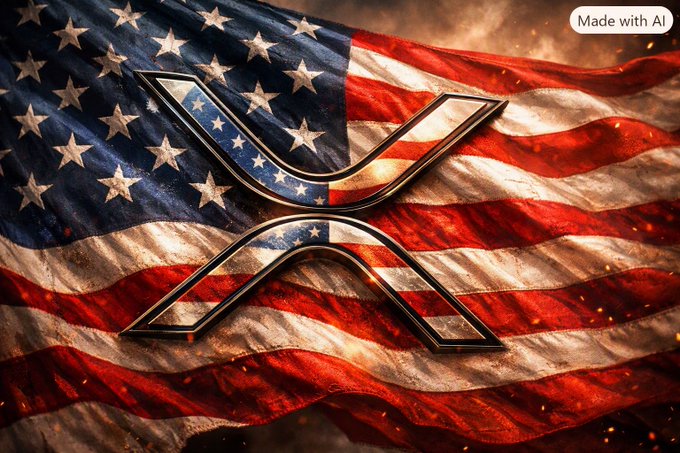 A digitally rendered image of the XRP (Ripple) logo overlaid on a weathered American flag, marked 'Made with AI' in the corner.