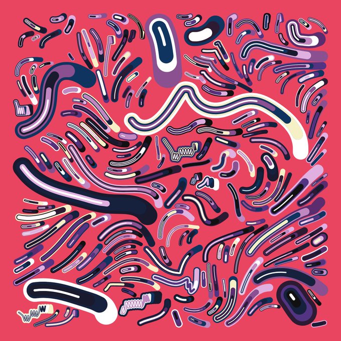 The image features a vibrant abstract design with various shapes and lines of different colors, including shades of purple, pink, white, black, and gray. The design appears to be a part of an art project or a social media post related to the SEIMEI project page. The text in the image provides information about the project's status, stating that it is live and that the artwork can be checked on the page.